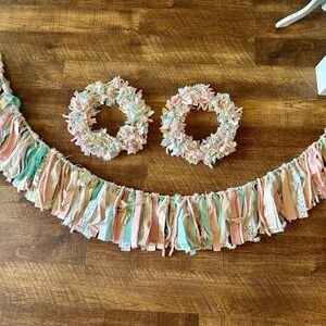 Handmade hand tied blush, mint, gold, and white decor (banner and two wreaths)